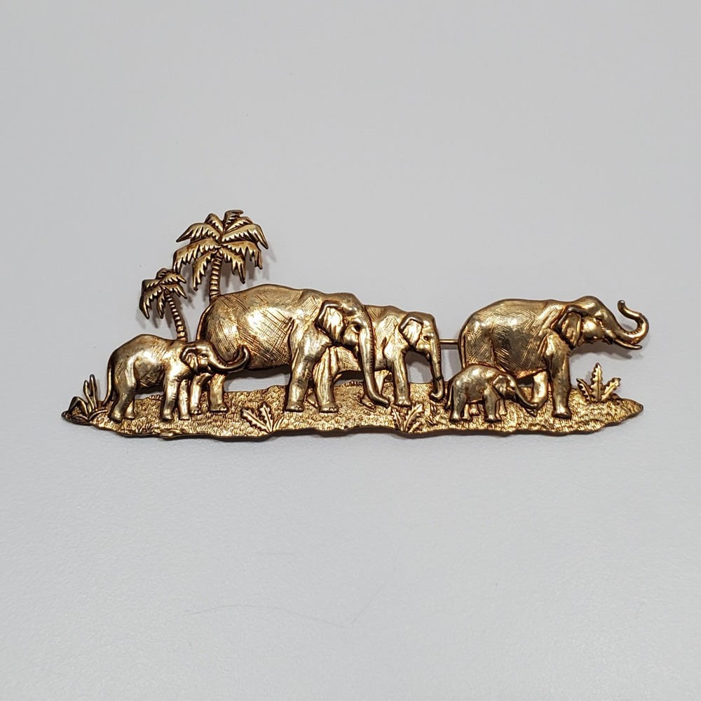 Large Vintage J. J. Coat Brooch Pin Elephant Family Palm Trees African Safari